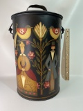 Nice Hand Painted Lidded Metal Can with Wood Handle