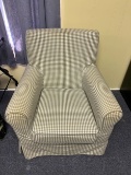 Gray & White Plaid Covered Chair with Wood Legs