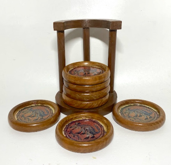 Vintage Wooden Dragon Coaster Set with Caddy