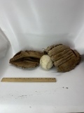 Lot of Vintage Baseball Gloves and Ball