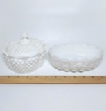 Vintage Fenton Milk Glass Hobnail Candy Dish and Westmoreland Milk Glass Paneled Grape Candy Dish