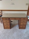 Vintage Wooden 9 Drawer Desk with Glass Top