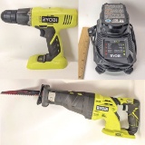 Ryobi P209 18V Electric Drill, Ryobi P516 18V Reciprocating Saw, Ryobi P118 18V Battery & Charger