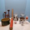 Lot of Decorative Glass Jars with Lids, Glass Candle Holders, Wooden Candle Stand