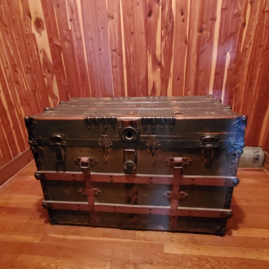 Antique Steamer Trunk Made from Pine with Leather Straps