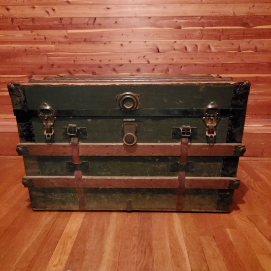Antique Steamer Trunk, Pine Wood with Leather Straps