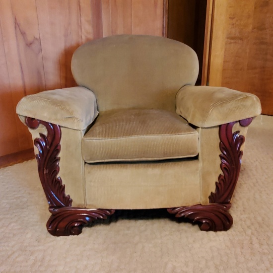 Antique Gold Color Montgomery Style Chair with Corduroy Type Cloth and Wood Trim