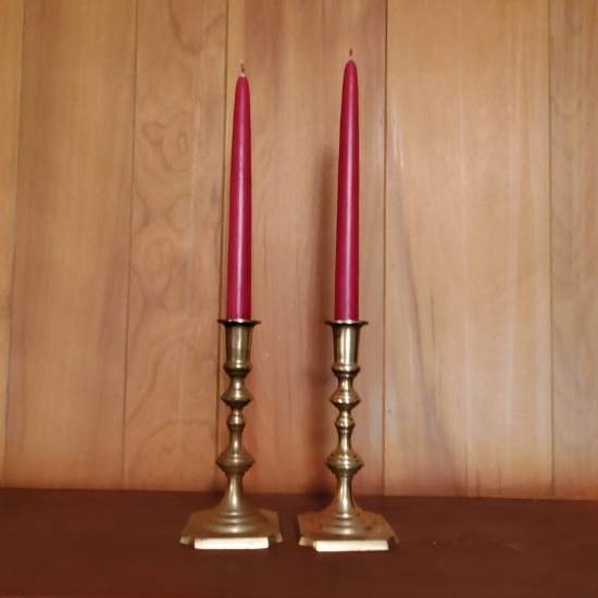 Pair of Brass Plated Candlesticks 7”H with Candles