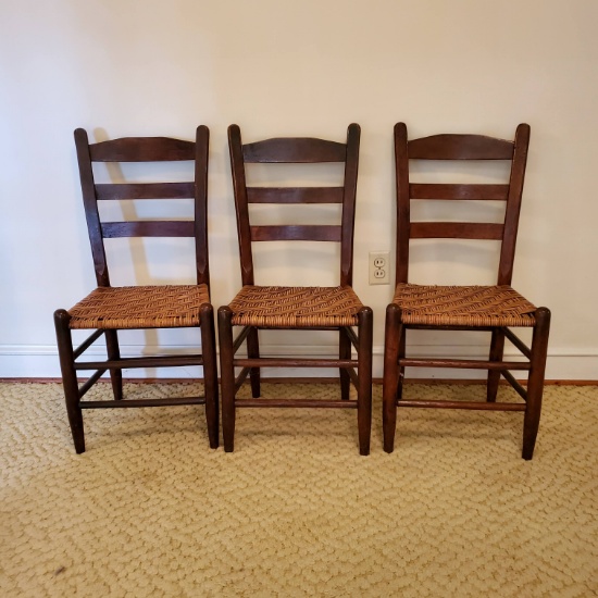 3 Vintage Wooden Ladder Back Chairs with Woven Cane Seats