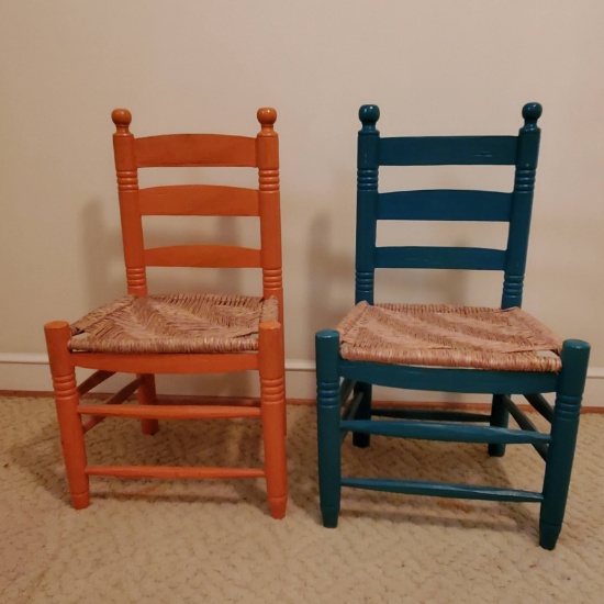 2 Hand Painted Wooden Ladder Back Chairs with Woven Cane Seats