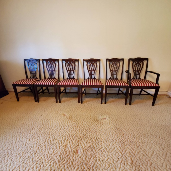 6 Vintage Mahogany Wood Dining Chairs with Striped Cloth Seats