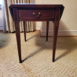 1960’s Pembroke Craftsman Banded Mahogany Wood Side Table with Folding Sides and Dovetail Drawer