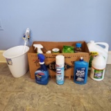 Lot of Cleaning Supplies, New Toilet Brush and Waste Basket