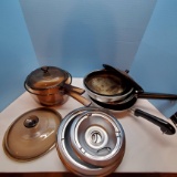 2 Corning Vision Glass Pots with Lids, Vintage Pans and Lids and 4 Range Bowl Drips