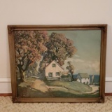 1950’s Landscape Lithograph “Road To The Coast” by C. Moss Decorative Solid Wood Frame