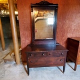 Antique Oak, Mahogany Stained Dresser with Tilting Mirror and 3 Dovetail Drawers