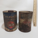 Lot of 2 Rusty Gulf Metal Oil Cans and Vulcan Matches