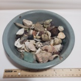 Vintage Enamel Bowl Filled with Assorted Shells and Stones