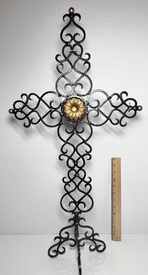 Tall Wrought Iron Cross Stand with Gold Accent