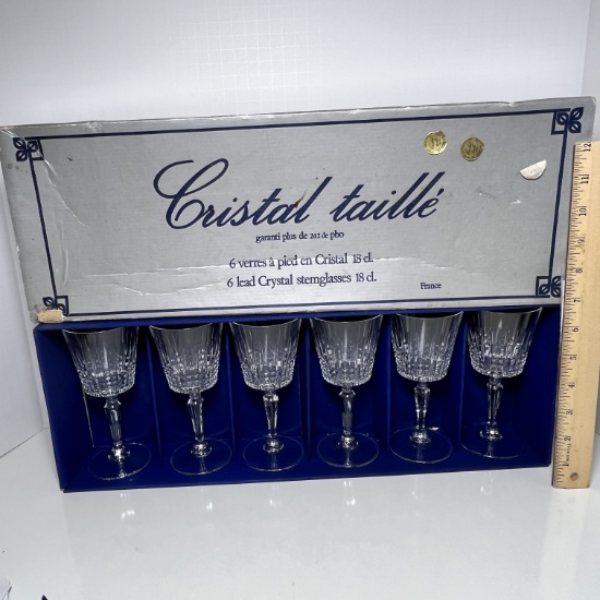 Impressive 6 pc “Cristal Taille’” Lead Crystal Stem Glasses in Original Box Made in France