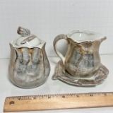 Pretty Gold Tone Porcelain Floral Creamer & Sugar Set