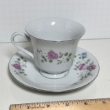 Porcelain Floral Tea Cup & Saucer Set with Silver Accent