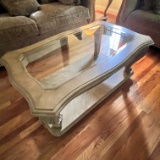 Light Finish Wooden Coffee Table with Glass Top & Scroll Legs - LOADING ASSISTANCE IS AVAILABLE
