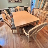 Nice Light Finish Heavy Wooden Dining Table & 6 Dining Chairs with Paisley Upholstered Seats + Leaf