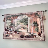 French Doors Garden View Tapestry Wall Hanging by Susan Mink Colclough with Black Metal Rod