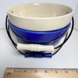 Pair of Ceramic Ivory & Blue Basket Pattern Bowls with Handles