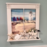 Pretty Beach Scene Faux Window Wall Hanging with Shells & Décor