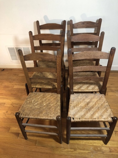 Lot of 6 Vintage Ladder Back Wood Chairs with Wicker Seats