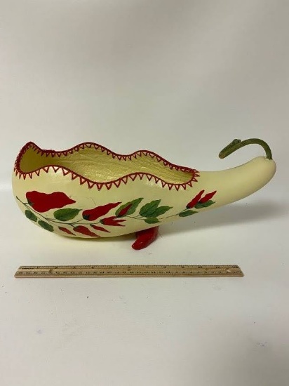 Hand Painted Gourd Basket with Red Stitching & Red Peppers