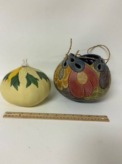 Pair of Hand Crafted & Hand Painted Gourds - Basket & Oil Lamp