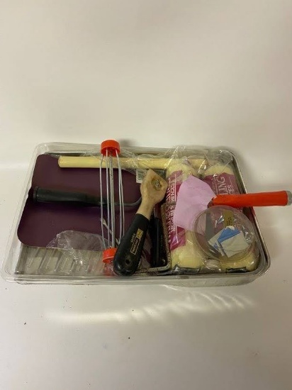 Assorted Paint Trays with Rollers, Scrapers, Sponges