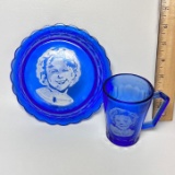 Vintage Shirley Temple Ritz Cobalt Cup & Bowl with Honeycomb Design by Hazel Atlas