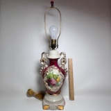 Porcelain Floral Double Handled Urn Lamp with Gilt Accent