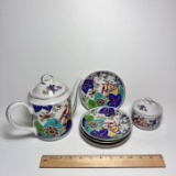 Oriental Porcelain Teapot, Sugar Bowl & Saucers