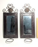 Pair of Decorative Leather and Metal Wall Sconce Mirrors with Glass Vases