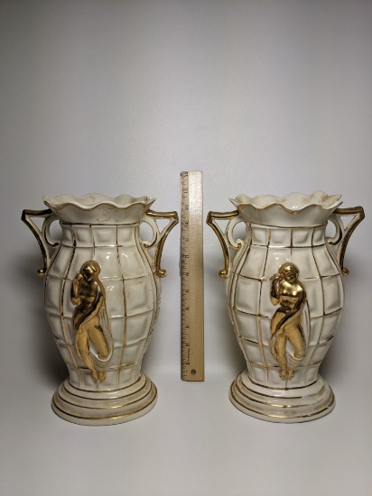 Paul’s Gifts Pottery Planters with , Embossed Female Dancer on Front, Double Handles & Gilt Accent