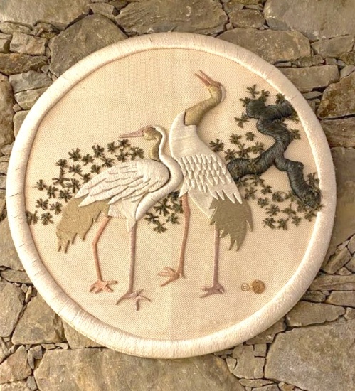 Huge Vintage Round Japanese Jute & Silk Handmade Crane Scene Wall Hanging