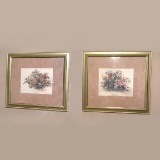 Pair of Vintage Signed & Numbered Floral Prints Trimmed in Gilt Frames