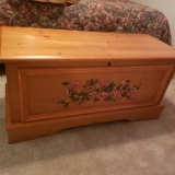 Cedar Lined Chest with Floral Design & Misc Linens