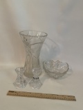Lot of Crystal Vase, Trinket Dish & Candle Holders