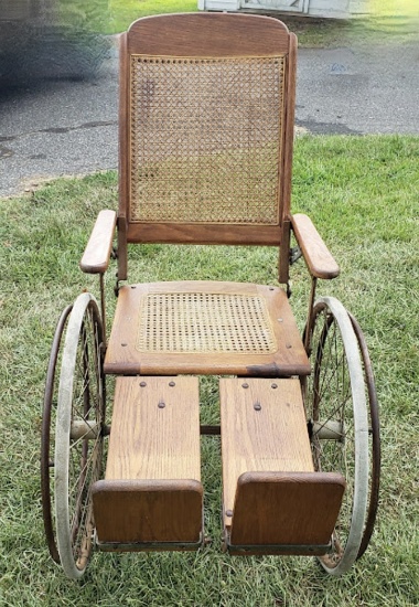 Antique Colson Co Oak Wheel Chair with Caned Seat