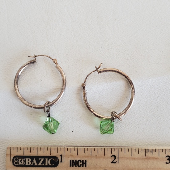 Sterling Silver Hoop Earrings with Green Crystals