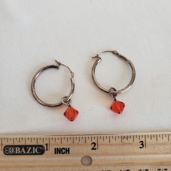 Sterling Silver Hoop Earrings with Orange Crystals