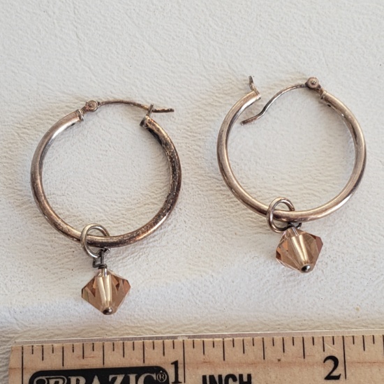 Sterling Silver Hoop Earrings with Amber Crystals