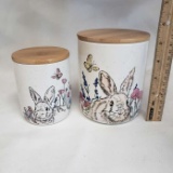 Lot of 2 Ceramic Bunny Rabbit Canister Jars with Wood Lids