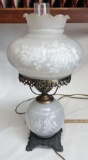 Vintage Hurricane 3 Way Lamp with White Satin Globes Frosted with Roses